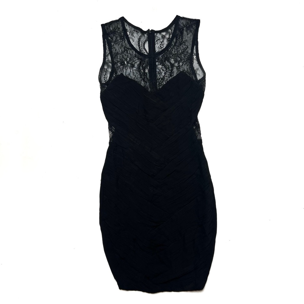 Shakuhachi Silk Lace Yoke Bodycon Mini Dress Black Ruched Cocktail 4